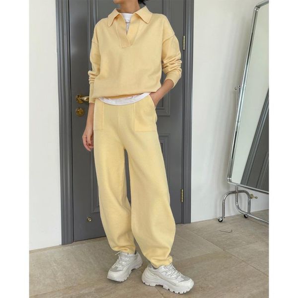 

spring women knitted tracksuit two pieces sets collar woman knit sweater elastic waist comfortable sport casual pants women's piece, White