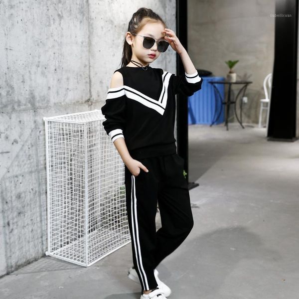 

clothing sets girls clothes set 2021 children's baby teenage girl stripe tracksuit off shoulder pants sports suits 3-15 years1, White