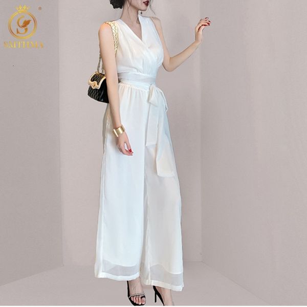 

women's jumpsuits & rompers fashion summer 2 pcs set v-neck sleeveless chiffon vest + women high waist lace up wide leg pants, Black;white