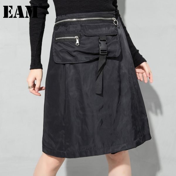 

[eam] high elastic waist black pleated irregular zipper pockets half-body skirt women fashion spring summer 1dd6714 21512