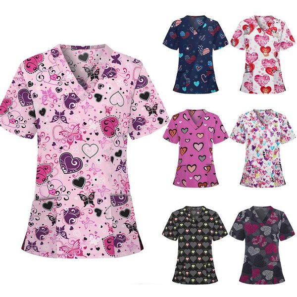 

women's blouses & shirts heart printing working grooming uniforms cartoon beauty salon work clothing pet uniform worker, White