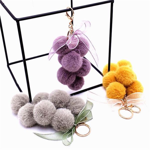

keychains creative lace bow fruit grape keychain cute bag plush pendant hair ball car trinket key chain for children kid girl gift keyring, Silver