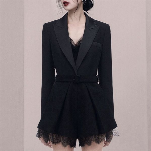 

spring business black playsuits v-neck patchwork lace long sleeve come with belt ol jumpsuits blazer rompers mujer 210514, Black;white