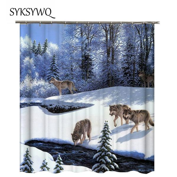 

shower curtains curtain white blue for bathroom wolf forest tree rideau de douche winter snower