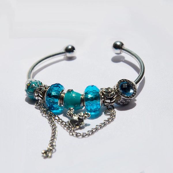 

charm bracelets silver color bracelet light blue large pore beads zircon fit original authentic brand charms women gifts custom, Golden;silver