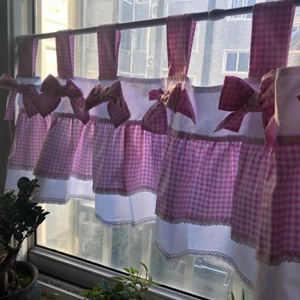 

curtain & drapes korean cute style pink /green plaid bow-knot pure cotton sling bunk kitchen home decorative short 40*150cm