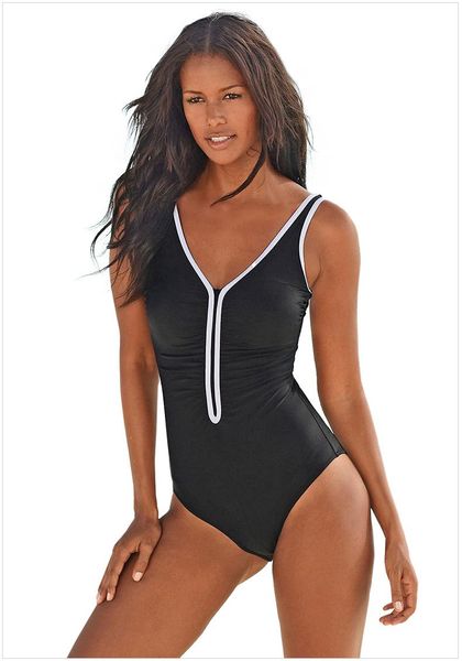 

one-piece suits swimsuit feminine bikini black v-neck slim covering belly spring large size swimwear