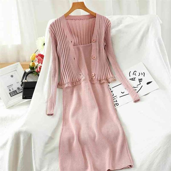 

autumn elegant women two piece set single breasted knitting cardigan coat and spaghetti strap solid dress 210430, White