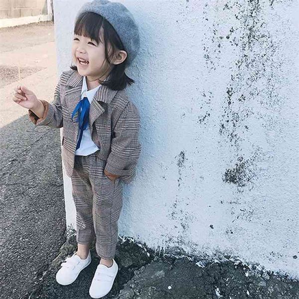 

girls' suits british plaid sets autumn winter clothes fashion toddler baby kids children's clothing 2-7 years old 210625, White