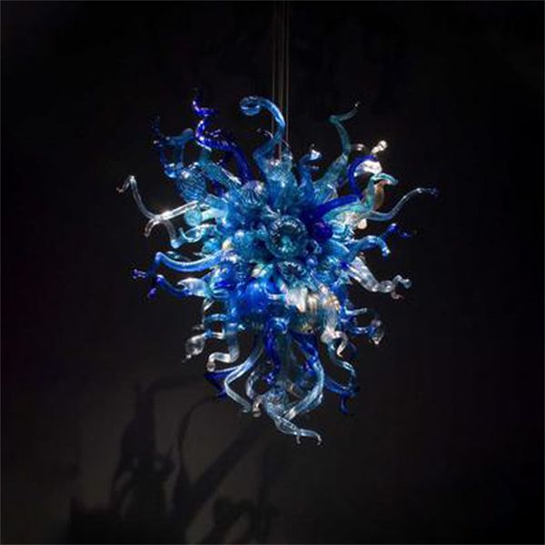 Zeitgenössische Pendelleuchte 24 * 32 Zoll Wohnzimmer Kronleuchter Kreative blaue Farbe mundgeblasener Kristall Murano Glas Kronleuchter Lichter