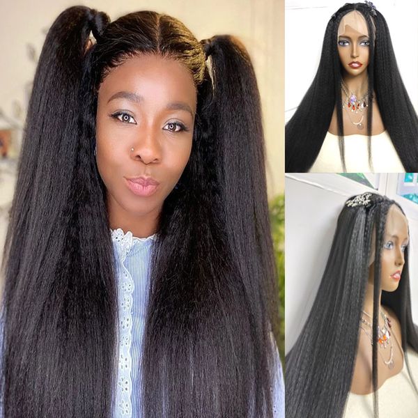 

afro kinky straight lace front wigs synthetic high temperature fiber hair yaki straight long length fiber wigs for women, Black