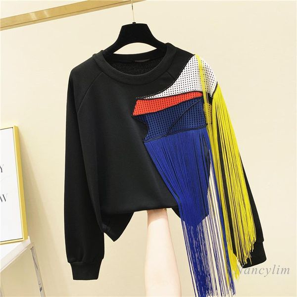 

women's hoodies & sweatshirts 2021 autumn winter harajuku sweatshirt woman tassel stitching contrasting color round neck pullover hoody, Black