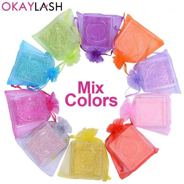 

multicolor pink purple rainbow eyelash packaging box with colorful luxury satin organza bag custom private logo1