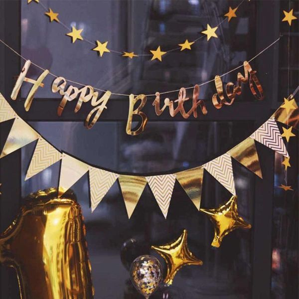 

happy birthday party decoration banner pink gold background wall flag