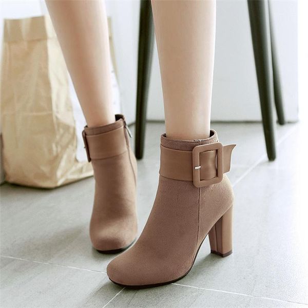 

boots 2021 side zipper women's square head thick heel large short high heels shoes, Black