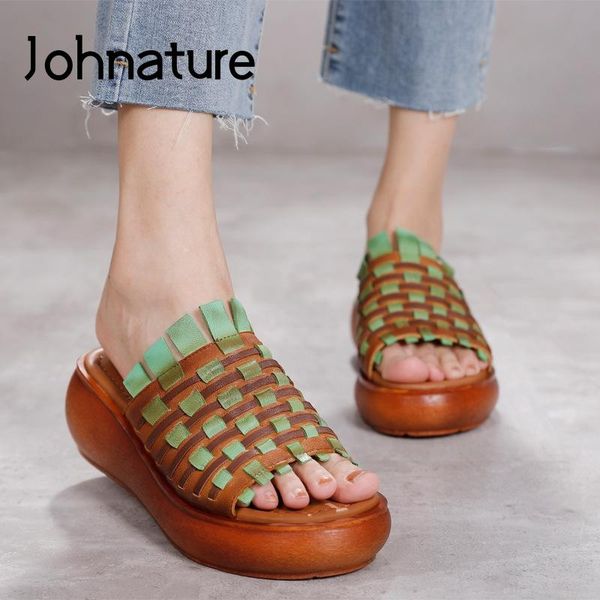 

slippers johnature summer shoes women mixed colors 2021 genuine leather outside slides wedges leisure sewing ladies, Black
