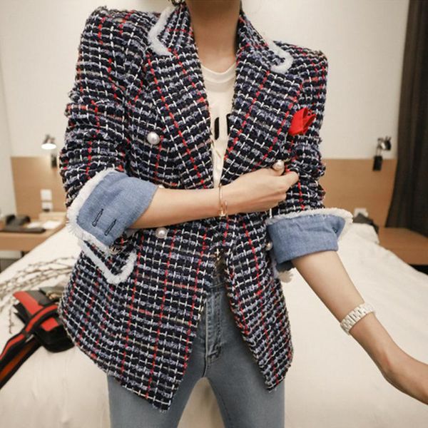 

women's wool & blends arrival fashion women temperament ladies double-breasted turn down collar jacket plaid stitching wild, Black