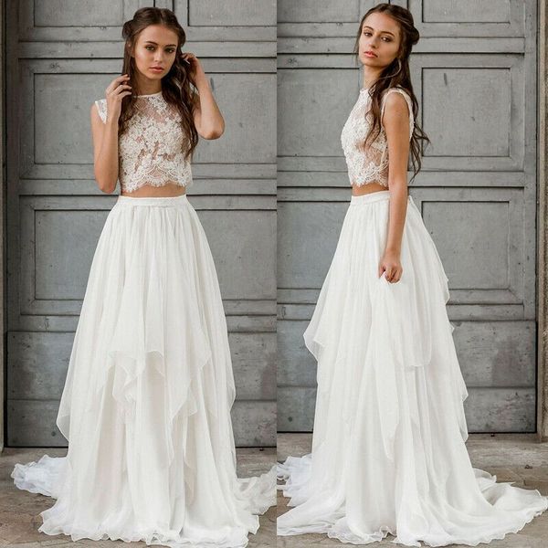 

two piece boho wedding dress 2021 crop chiffon summer beach garden bride dresses floor length bohemian country bridal gown zipper back vesti, White