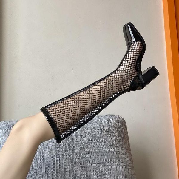 

boots 2021 hollow out sandals woman,summer high heels mesh shoes,slip on,thick heel,square toe,female footware,black,dropship