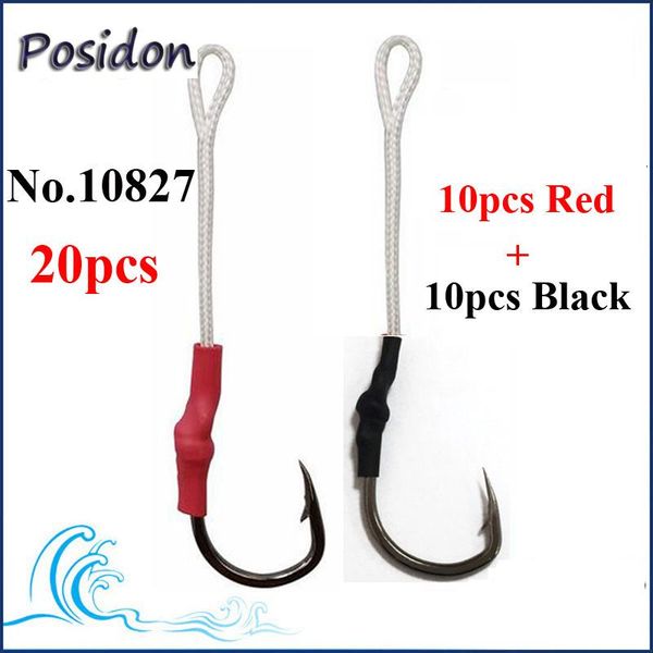 

posidon 20 pcs 10827 red/black tube each 10 stainless steel jig assist hooks jigging bait fishing hook with pe line