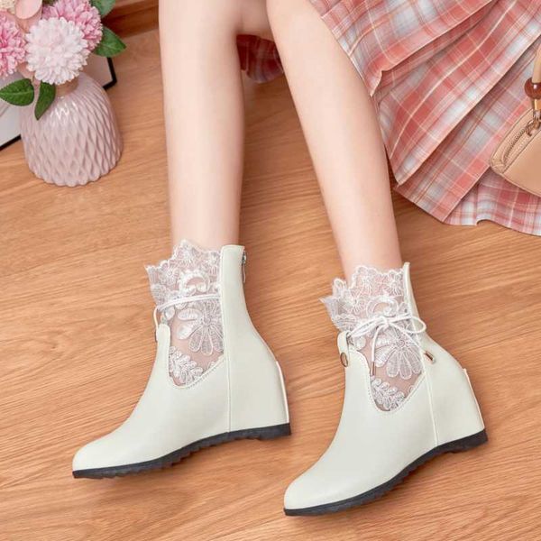 

boots lace pattern stitching pu wedge heel women's ankle bow tie with back zipper inner heightening short, Black