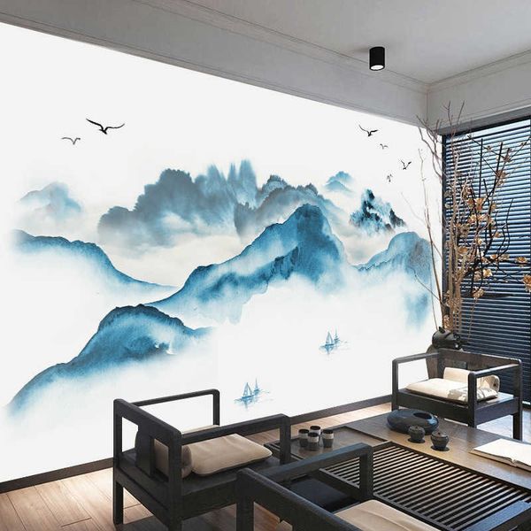 Paisagem chinesa Adesivo de Parede Home Decoração Sala de estar Montanha Vintage Poster Room Decoração Estrética Quarto Wallstickers 210705
