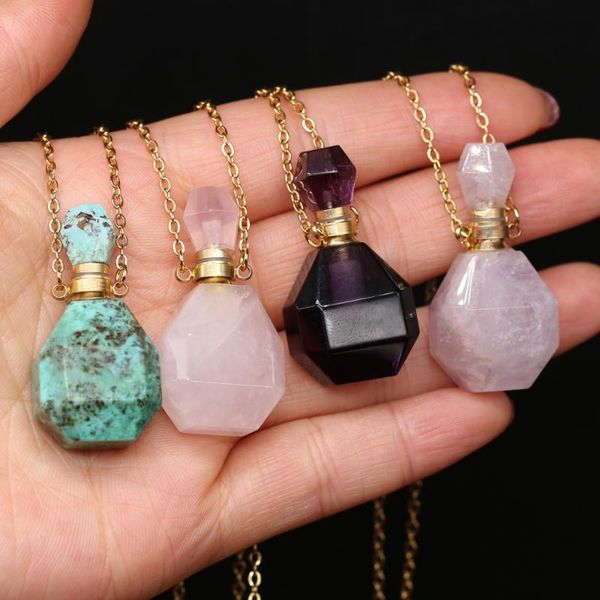 

chains perfume bottle multi-kind natural stone essential oil bottles roses quartz amazonite amethysts women necklace drop 60cm, Silver