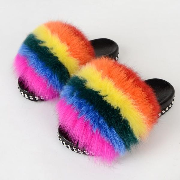 

slippers fur slides for women furry house summer sandals ladies luxury fashion female home shoes with arrival, Black