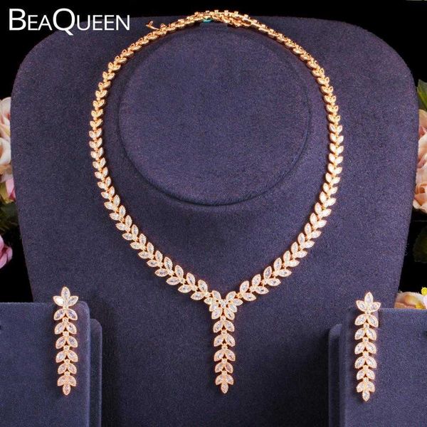

beaqueen luxury dubai gold color leaf wedding jewelry set cubic zircon long drop earrings and necklace sets for women js278 h1022, Silver