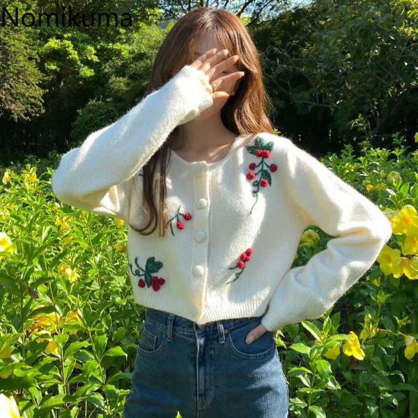 

nomikuma korean chic single breasted cardigan women o neck long sleeve knitwear embroidery sweet sweater sueter mujer 3d946 210514, White;black