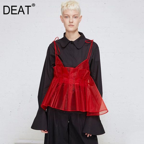 

women's vests deat 2021 spring summer strapless sleeveless red organza split joint pleated perspective vest women fashion tide js668, Black;white