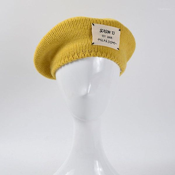 

wholesale 14 candy colors knitted beret for women letter label woollen painter hat 2021 trend korean autumn winter cap berets, Blue;gray