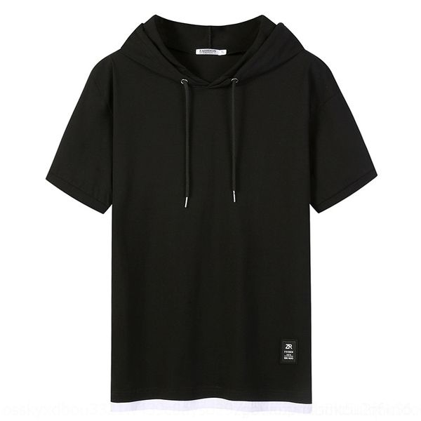 

315g short sleeve men's hooded casual loose hoodiet-shirt hoodiesummerfashion men's t-shirts) brand solid color stitching fake two, White;black