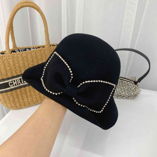 

factory wholesale 50% off bow pure wool hat female autumn and winter celebrity british basin tide, Blue;gray