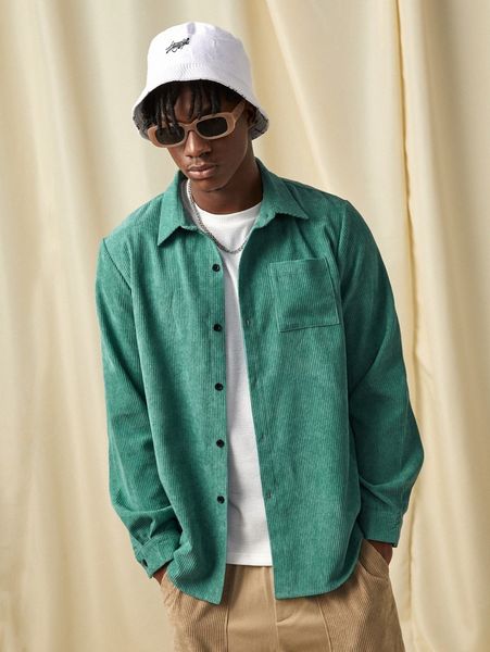 

romwe guys solid corduroy button front pocket shacket r7xl#, White;black