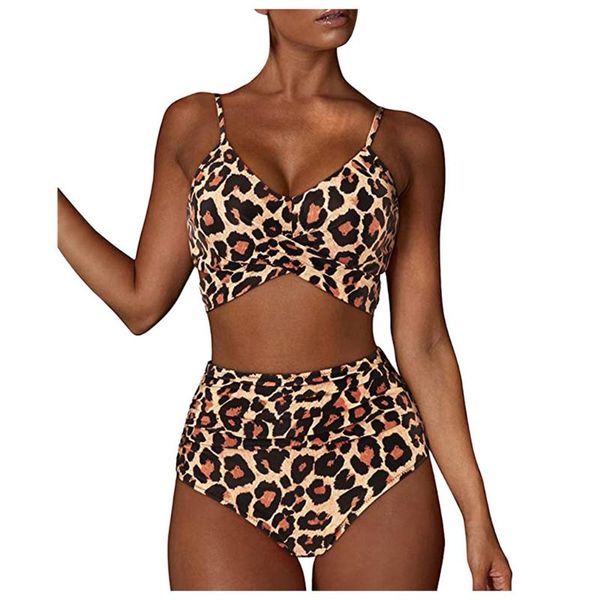 

women's swimwear 2021 padded bra straps high waist women leopard print bikini set push up bathing swimsuit, White;black