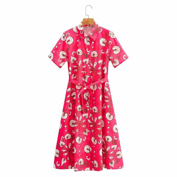 

fashion women lapel collar short sleeve dress vintage with belt flower print loose single breasted chic female mini dresses 210507, Black;gray