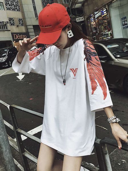 

short casual dresses ins sleeve t-shirt women's summer tide loose medium length hip hop of style large cotton top, Black;gray