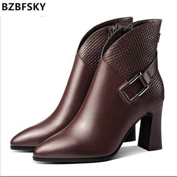 

boots bzbfsky thick heeled short women 2021 winter spring leather women's fashion high-heeled pointed boots35-39, Black