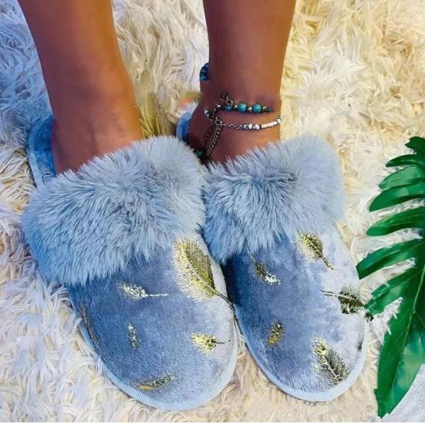 

autumn winter embroidered warm home golden print cotton slippers flat women sandals 2021 plus size plush shoes flip flop, Black