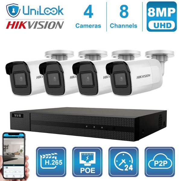 

hikvision original camera kit 4pcs ds-2cd2085g1-i outdoor security system hik oem nvr ip67 night vision h.265+ guarding wireless kits