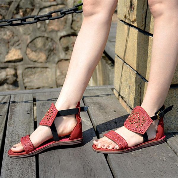 

fashion red women genuine leather gladiator sandals rivets studded flat shoes woman embroidery casual beach flats, Black