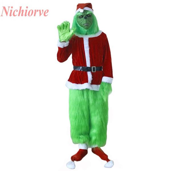 

grinch costume for men 7pcs christmas deluxe furry santa suit green outfit dult green christmas monster deluxe costume