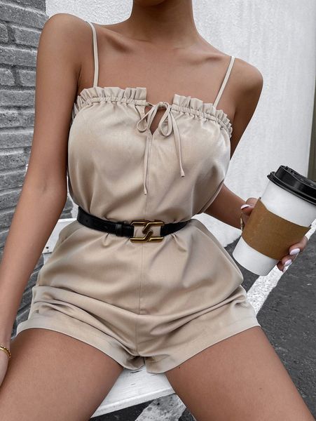 

lettuce trim lace up cami jumpsuit without belt a48u#, White