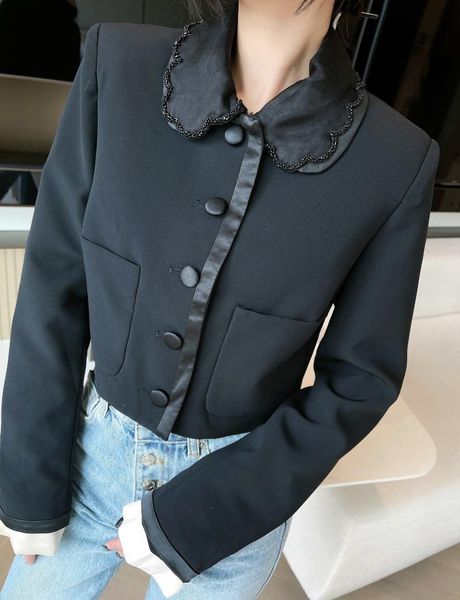 

women's suits & blazers 2021 short heavy industry beaded suit jacket design edging button robe blazer noire women coats coat, White;black