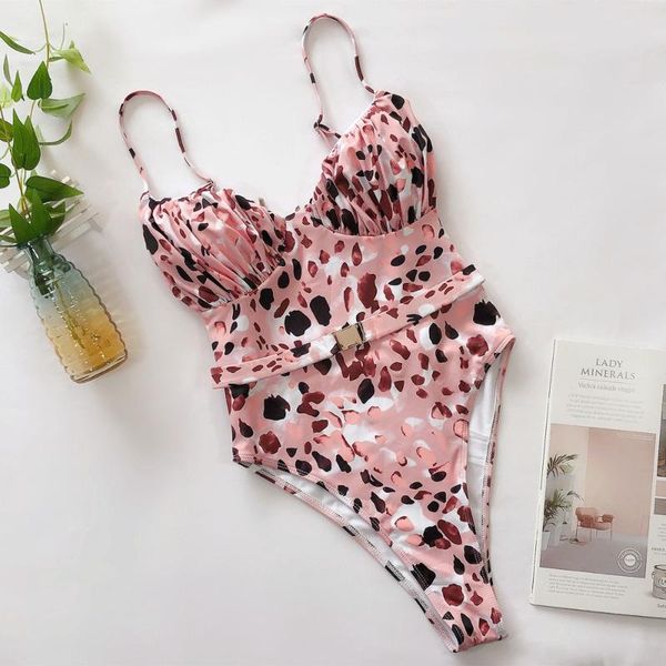 

pink print brazilian high thong bodysuits one-piece swimwear women v-neck swimsuit female monokini belt bathers 5424 suits