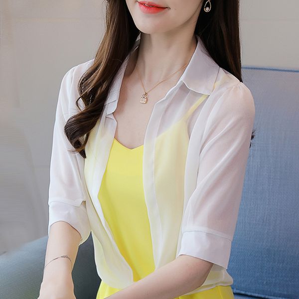 

blusas mujer de moda short sleeve summer blouse women turn down collar white chiffon blouse shirt women clothes d14 210426