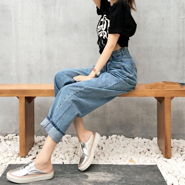 

women's jeans women wide leg denim pants boyfriend high waist loose blue trousers