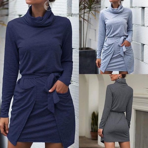 

casual dresses women high neck long sleeve dress pockets strap summer beach party -opk, Black;gray