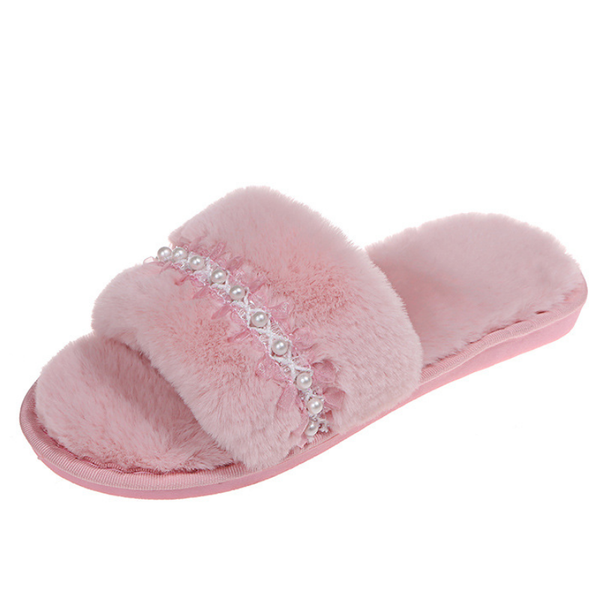 

slippers fashion women faux fur pearl flat heel outside slides autumn winter solid fluffy furry indoor house shoes wsh4043, Black